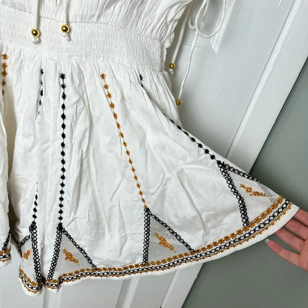 Free People Floral Embroidered Smocked Tie Back Catalina Romper Ivory Combo S - Picture 3 of 14